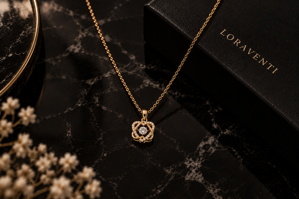 Loraventi Amoréa Gold heart inspired necklace on black marble