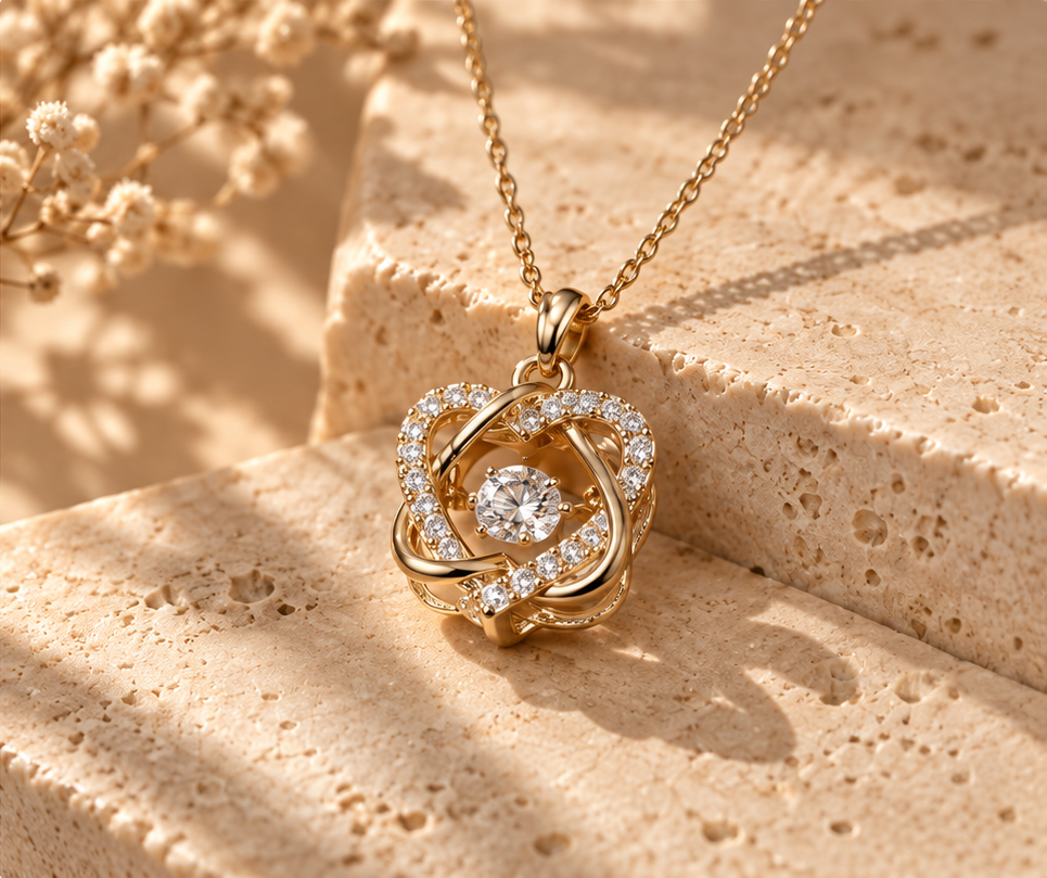Loraventi Amoréa Gold love necklace on warm travertine, friendship and relationship gift