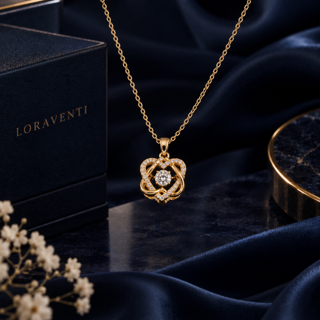 Loraventi Amoréa Gold necklace on navy silk, a refined love necklace gift