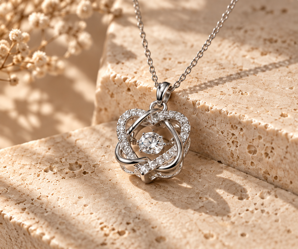 Loraventi Amoréa Silver love necklace on warm travertine, friendship and relationship gift