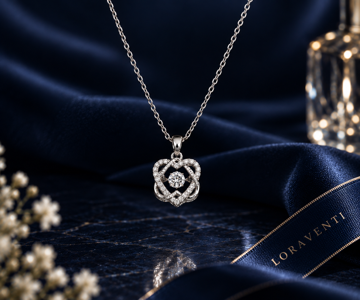 Loraventi Amoréa Silver pendant necklace on navy background