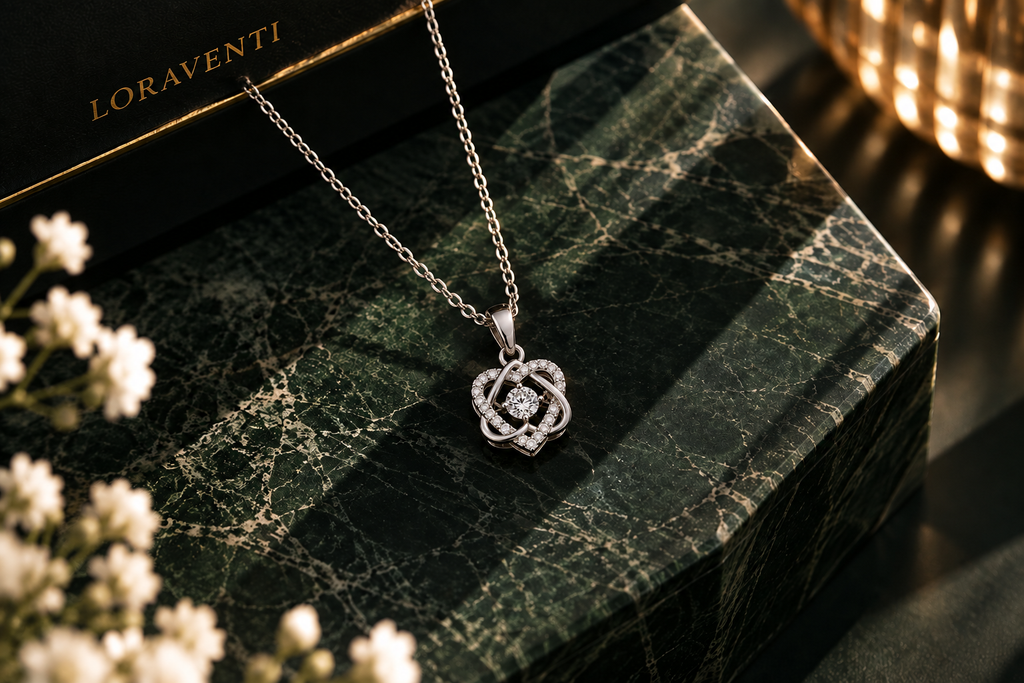 Loraventi Amoréa Silver necklace on dark green marble with corrected pendant