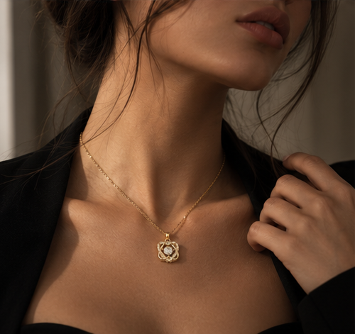 Loraventi Amoréa Gold love necklace worn as an elegant jewelry gift